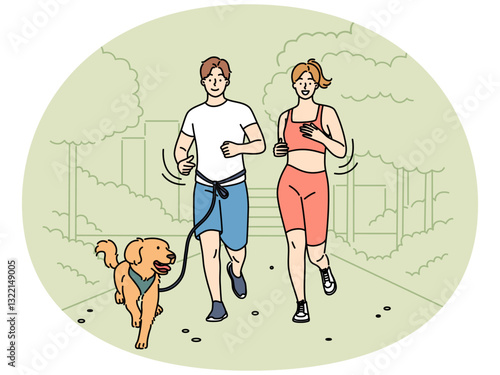 Happy couple jogging in park with dog
