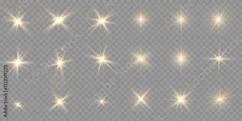 A collection of sun stars with radiant light rays and sparkling glow effects. Vector illustration featuring bright gold particles, glittering flares, and shining sunbursts.