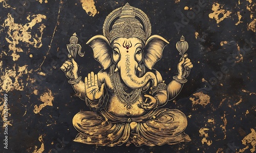 A Golden Depiction Of A Sitting Indian Deity Against Black Background