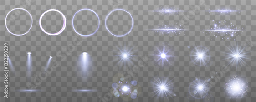 A large collection of stage lighting spotlights with powerful blue light effects. Vector illustration featuring studio lighting, projector beams, and realistic stage illumination.