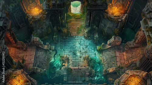 Ancient underwater temple, top-down view, fantasy dungeon art, game background style.