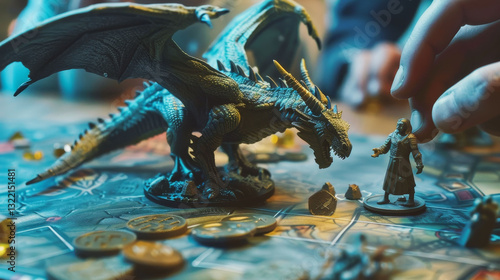Close-up fantasy board game, dragon, people, coins on table, detailed playful design.