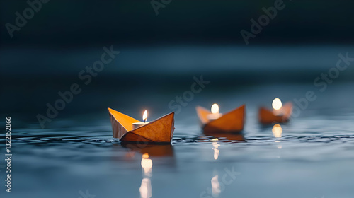 Three Illuminated Paper Boats with Candles Floating on Dark Water at Night