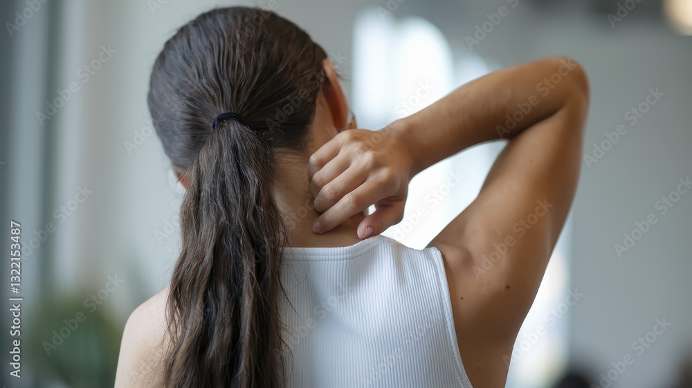 Naklejka premium Woman experiencing neck pain, holding her neck, rear view, indoors.