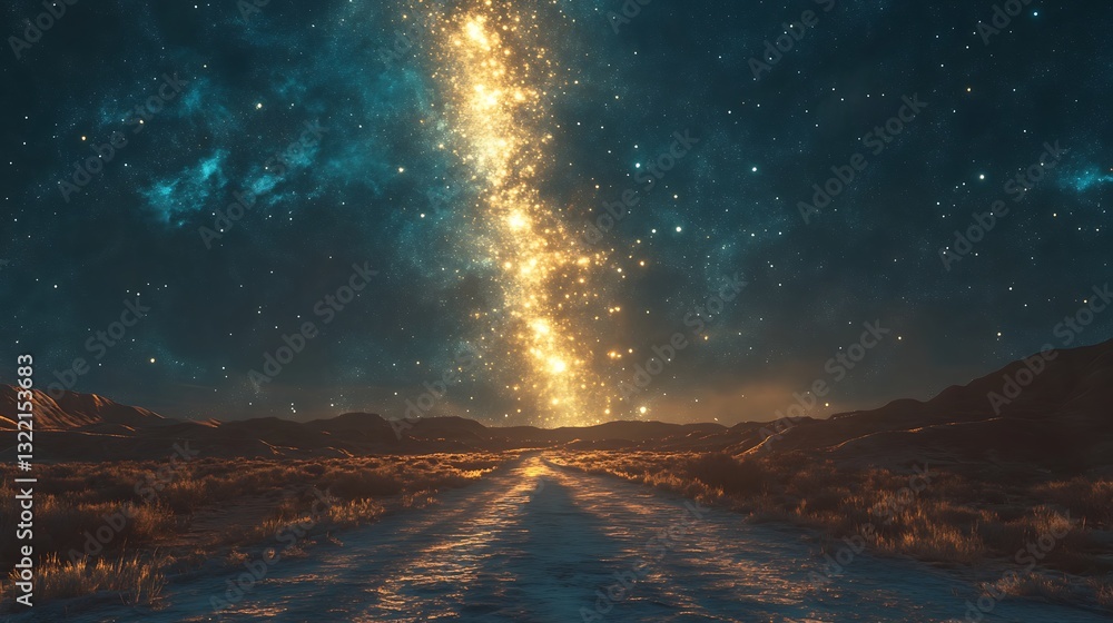 Fototapeta premium A glowing trail of stardust leading across a serene desert landscape
