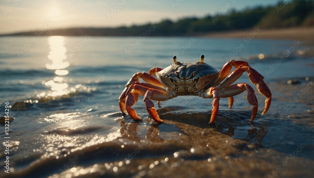 Detailed photograph of a crab on the shore, capturing its realistic features and vibrant colors Detailed photograph of a crab on the shore, capturing its realistic features and vibrant colors
