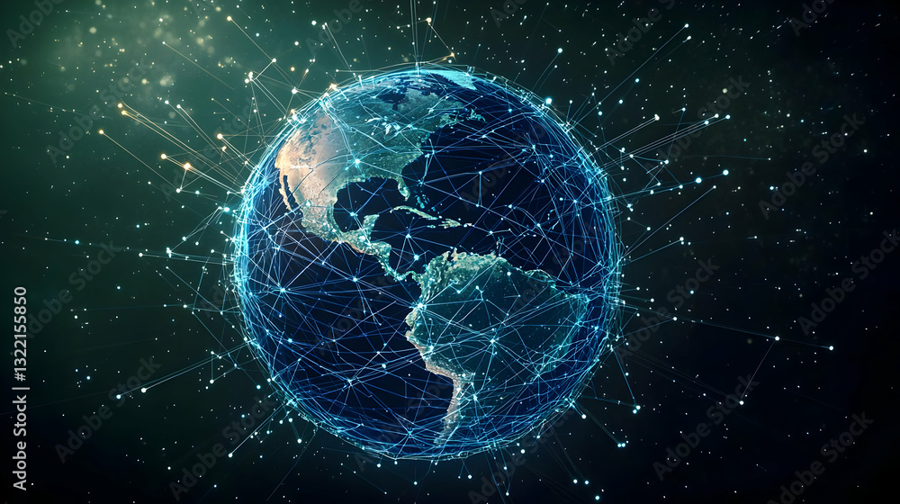 Digital Earth Glowing Blue Globe With Network Connections and Data Flowing From North and South America Digital Earth Glowing Blue Globe With Network Connections and Data Flowing From North and South America