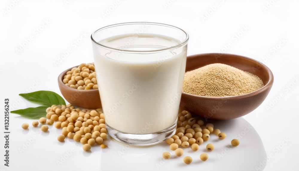 Homemade soy milk served with whole grains on a white background, healthy and nutritious breakfast concept Homemade soy milk served with whole grains on a white background, healthy and nutritious breakfast concept