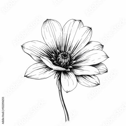 Elegant Floral Illustration: A refined, hand-drawn illustration showcases a delicate flower in exquisite detail, capturing the subtle nuances of its petals, leaves, and stem.