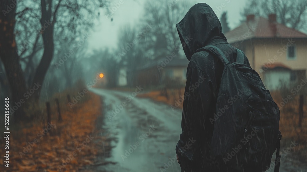 A solitary figure walks down a misty, rainy road, surrounded by bare trees and a distant light, evoking a sense of mystery and introspection. A solitary figure walks down a misty, rainy road, surrounded by bare trees and a distant light, evoking a sense of mystery and introspection.