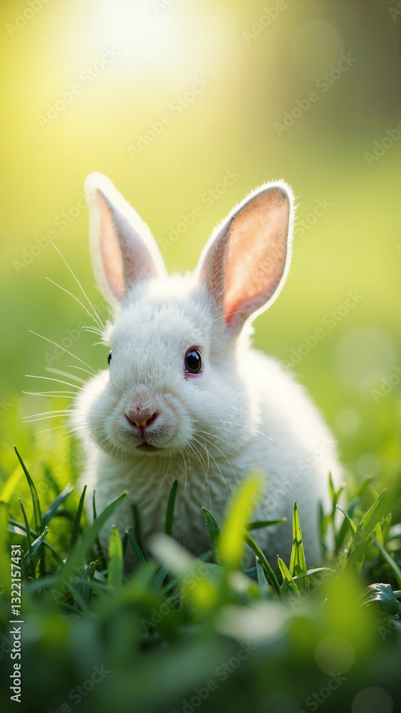 Adorable Baby White Rabbit in Lush Green Grass - Perfect for Easter Cards, Spring Promotions, and Nature-Themed Marketing Adorable Baby White Rabbit in Lush Green Grass - Perfect for Easter Cards, Spring Promotions, and Nature-Themed Marketing