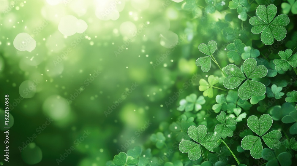 A vibrant St. Patrick's Day background with lush green shamrocks and glowing light effects, symbolizing luck and prosperity. Ideal for festive designs, greeting cards, and seasonal promotions. A vibrant St. Patrick's Day background with lush green shamrocks and glowing light effects, symbolizing luck and prosperity. Ideal for festive designs, greeting cards, and seasonal promotions.