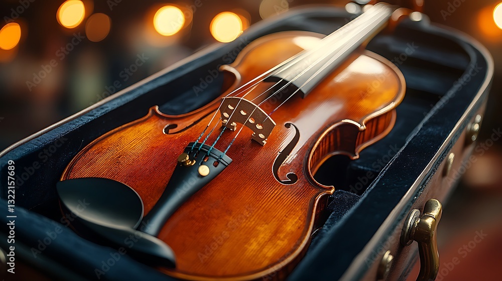 Violin case slightly open revealing golden fine tuners shining under stage lights Violin case slightly open revealing golden fine tuners shining under stage lights