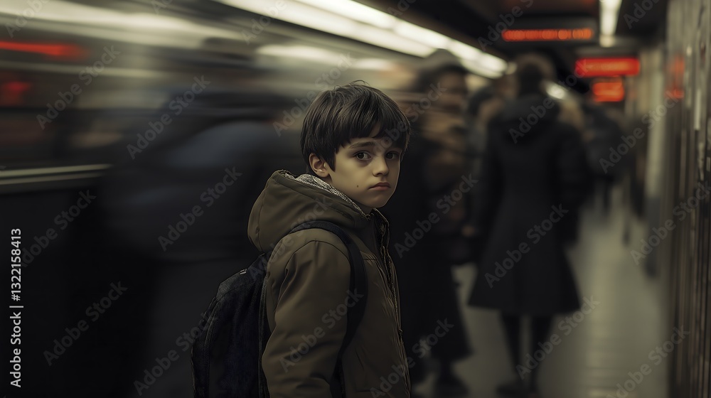 Introspective boy with autism stands still in a bustling subway station surrounded by hurried commuters Introspective boy with autism stands still in a bustling subway station surrounded by hurried commuters