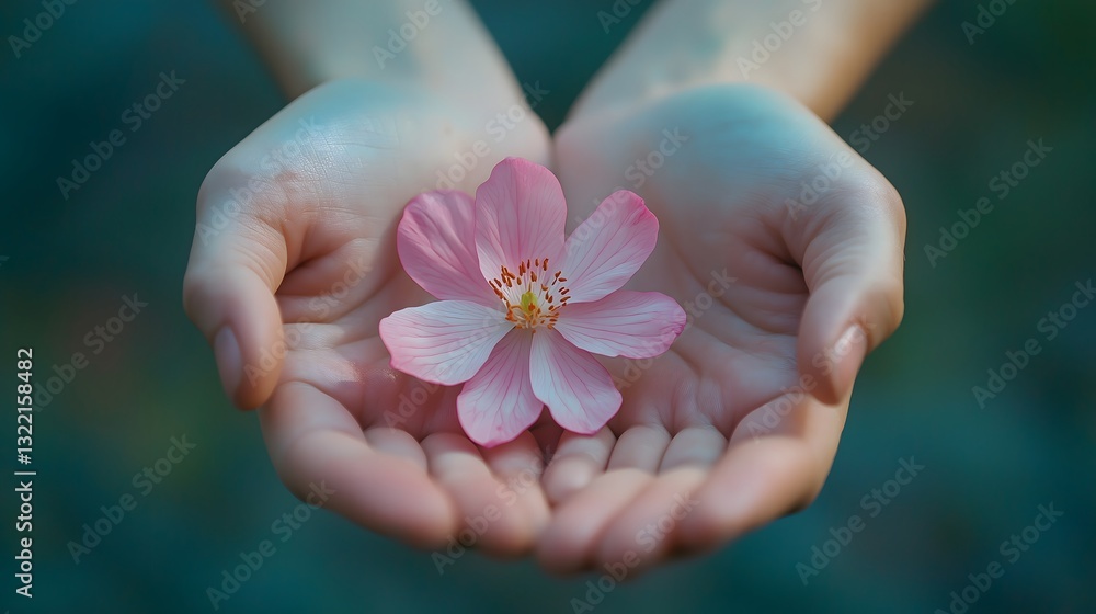In a tranquil natural environment, hands softly cradle a vibrant blooming pink flower, illuminated by the gentle light of day In a tranquil natural environment, hands softly cradle a vibrant blooming pink flower, illuminated by the gentle light of day