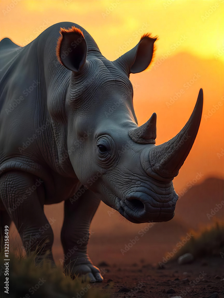 Fototapeta premium A close-up portrait of a Javan rhinoceros, showcasing its wrinkled skin and single horn, set against the backdrop of a misty, volcanic landscape at dawn
