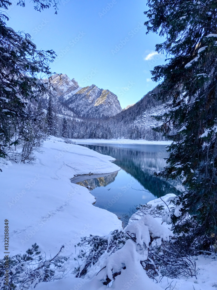 winter in the Italian mountains at the Lake Braies in Tyrol.