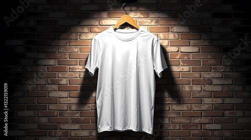 Simple White T-Shirt: A clean, crisp, blank white t-shirt hangs elegantly against a textured brick wall. Its minimalist design and the contrasting backdrop create a striking visual.