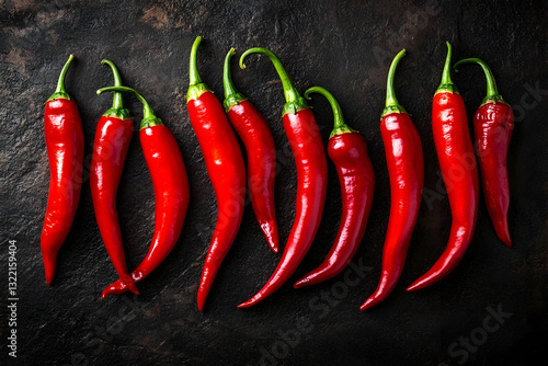 Vibrant red chili peppers arranged artistically on a dark textured background highlighting their fiery intensity