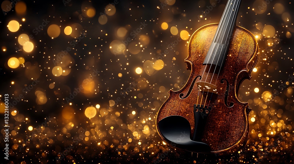 Fototapeta premium Rich wood grain of violin glowing under golden details during live performance