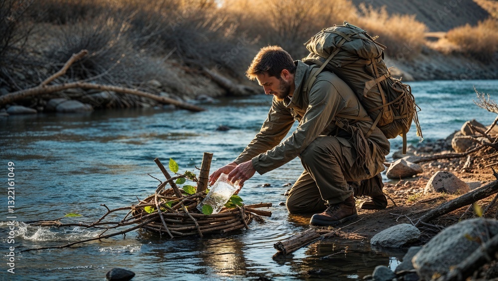 A survivalist kneels at a riverbank, carefully pouring water into a makeshift container crafted from twigs and leaves. It is late afternoon with soft sunlight illuminating the area A survivalist kneels at a riverbank, carefully pouring water into a makeshift container crafted from twigs and leaves. It is late afternoon with soft sunlight illuminating the area