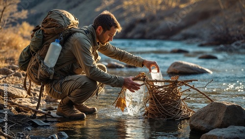 A survivalist kneels by a river, carefully assembling sticks to create a natural filtration system. Sunlight filters through trees, casting soft shadows as he prepares to collect safe drinking water