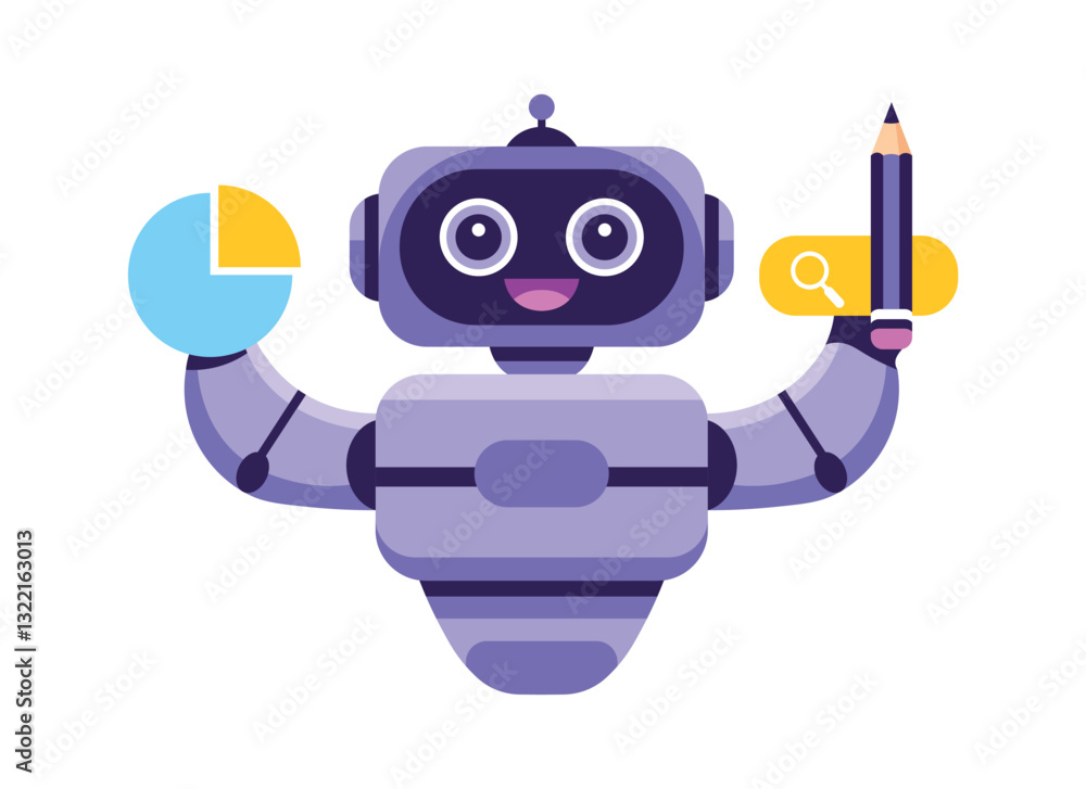 Fototapeta premium Cartoon AI robot assistant holding business and analytics tools, focused on data analysis and SEO automation. Vector illustration of artificial intelligence in action for business and technology.