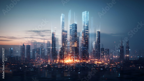 Wallpaper Mural Futuristic Illuminated Cityscape With Modern Skyscrapers And Glowing Buildings At Twilight Torontodigital.ca