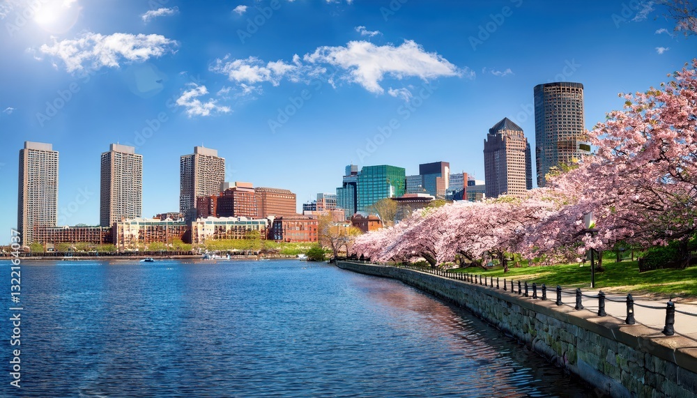 Boston Charles River Esplanade Blossoming in Spring Sunlight Cherry Blossoms Illuminate the Skyline with a Symphony of Pink and White on a Crisp, Warm Day Boston Charles River Esplanade Blossoming in Spring Sunlight Cherry Blossoms Illuminate the Skyline with a Symphony of Pink and White on a Crisp, Warm Day