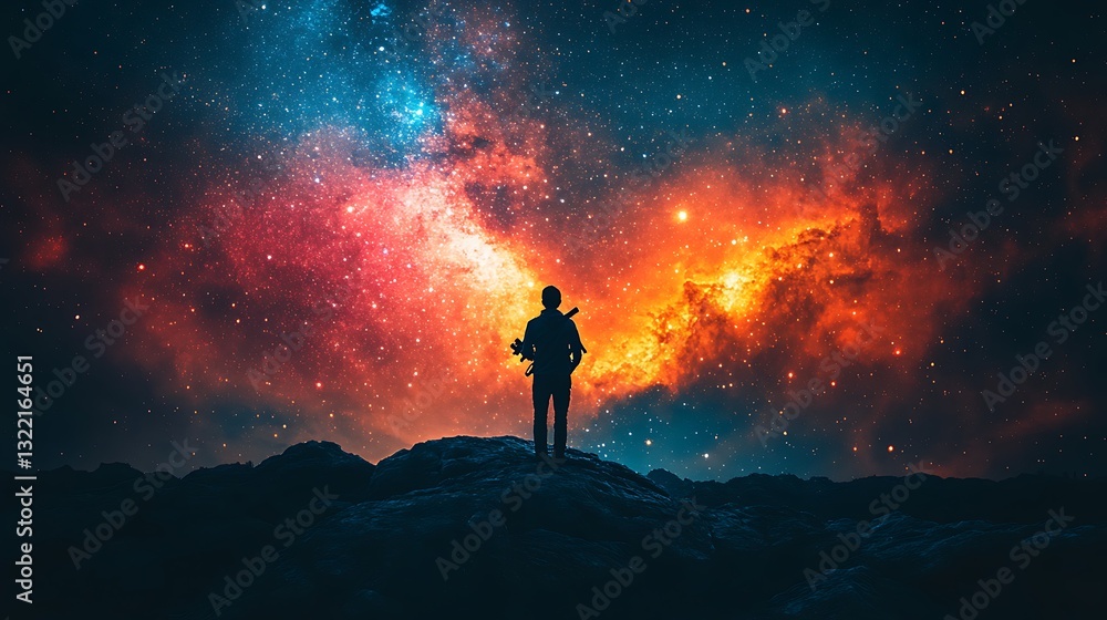 Fototapeta premium A vivid cosmic view with a telescope observing bright constellations in a colorful starry sky