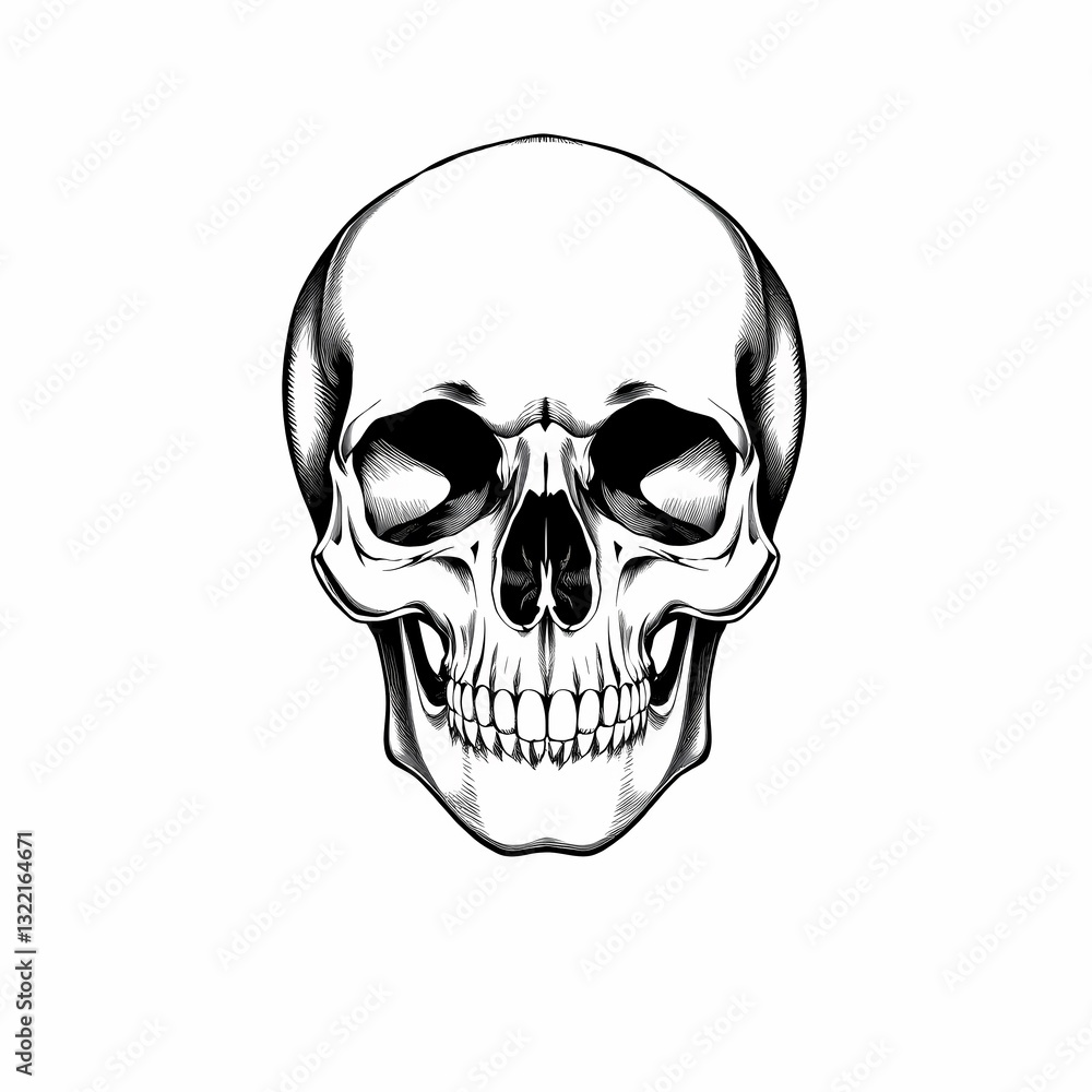 Skull in Detail: Intricately detailed illustration of a human skull, rendered in stark black and white. Skull in Detail: Intricately detailed illustration of a human skull, rendered in stark black and white.
