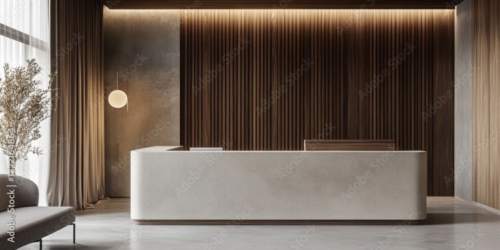 A modern and elegantly designed reception area with wood accents A modern and elegantly designed reception area with wood accents