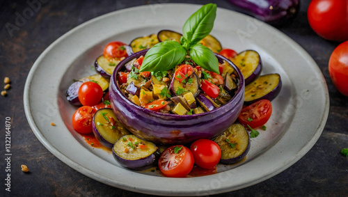 Colorful eggplant salad with roasted slices, dressed with a flavorful sauce for a cozy meal photo