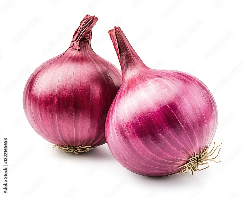 Fototapeta premium Two vibrant, deep red onions, close-up, isolated on white. Fresh, whole, and ready to use in culinary creations. Their firm, glossy skin hints at their quality and potential