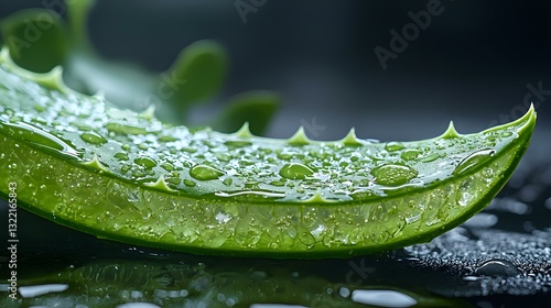 Fresh aloe vera leaf with pure water drops on dark background, extreme macro photography showing natural moisturizing properties in skincare and cosmetics.