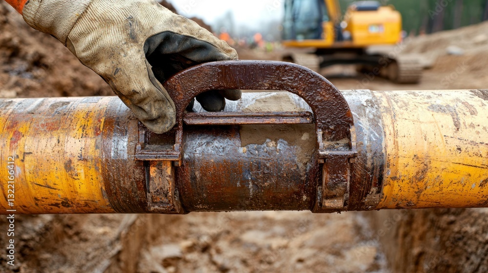Dirty hand holds rusty clamp on pipeline in ground; excavator visible afar Dirty hand holds rusty clamp on pipeline in ground; excavator visible afar