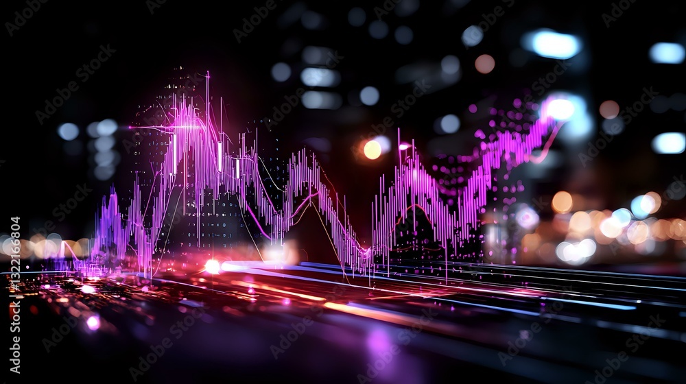 Financial data visualization with glowing pink stock market graph lines against dark urban night background with bokeh lights and reflective surface. Financial data visualization with glowing pink stock market graph lines against dark urban night background with bokeh lights and reflective surface.