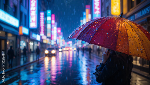 Wallpaper Mural A Solitary Figure Finds Solace Under A Vibrant Umbrella During A Rainy Night In A Dazzling Neon-lit City, Feeling The Gentle Patter Of Rain On The Colorful Canopy Torontodigital.ca