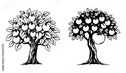 Two apple trees with full foliage and fruits, drawn in black-and-white silhouette style.