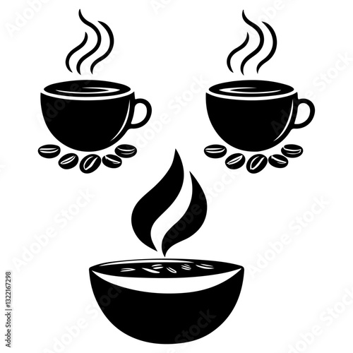 Coffee and tea icons, including two steaming cups and a bowl of beans, drawn in minimalist black-and-white style.