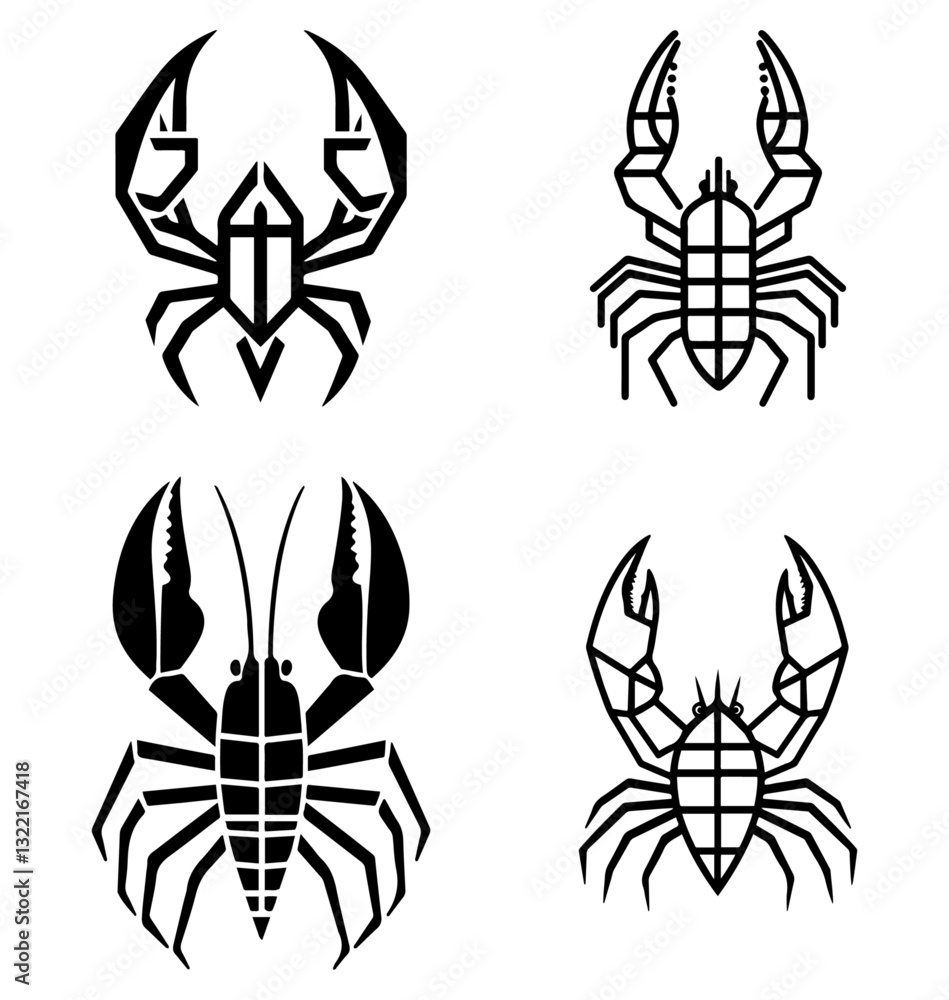 Stylized scorpion and crayfish icons with geometric and minimalist black-and-white designs. Stylized scorpion and crayfish icons with geometric and minimalist black-and-white designs.