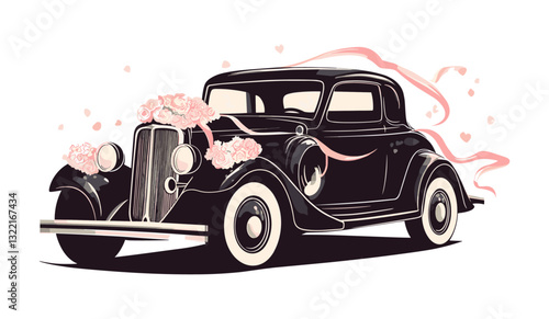 Classic wedding car decorated with pink flowers and ribbons, designed in elegant black-and-white style with vintage charm.