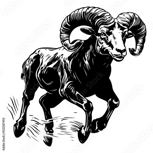 Charging ram illustration, with massive curved horns, detailed fur texture, and movement, drawn in black-and-white.