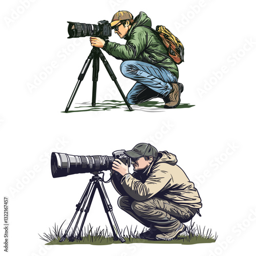 Two photographers crouching, using tripods and long lenses, wearing casual outdoor gear, appearing focused.