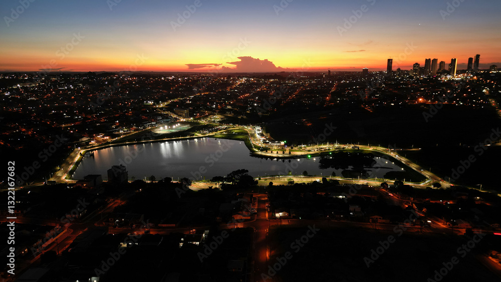 Fototapeta premium night aerial view of Olarias Lake in the city of Ponta Grossa in Paraná, Brazil