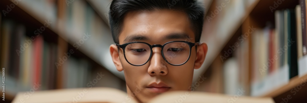 A focused young man engrossed in reading a book amidst the shelves of a cozy library, illustrating the tranquility and escapism provided by literature. A focused young man engrossed in reading a book amidst the shelves of a cozy library, illustrating the tranquility and escapism provided by literature.