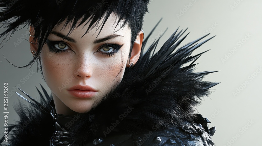 With spiked black hair, the woman exudes confidence and a warrior's edgy fashion sense With spiked black hair, the woman exudes confidence and a warrior's edgy fashion sense