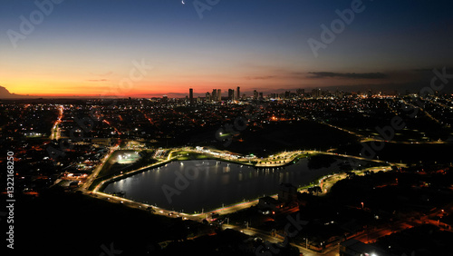 night aerial view of Olarias Lake in the city of Ponta Grossa in Paraná, Brazil