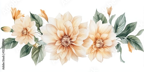 Beautiful watercolor painting of blooming flowers and green leaves