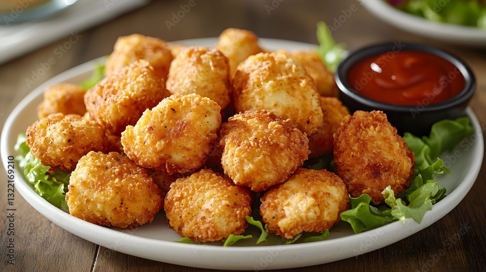 Appetizing Arrangement of Fried Chicken Nuggets and Tasty Wings on a Neat White Plate with Fresh Salad Leaf Decorations Appetizing Arrangement of Fried Chicken Nuggets and Tasty Wings on a Neat White Plate with Fresh Salad Leaf Decorations